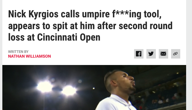 Our quick look at this yellow journalism wouldn't be complete without turning our attention to "THE VOICE OF THE NATION" - Kyrgios - who is held up as being... reasonable? Good? Lest we forget his antics on court, spitting, throwing chairs, insulting refs, "tanking", etc 5/6
