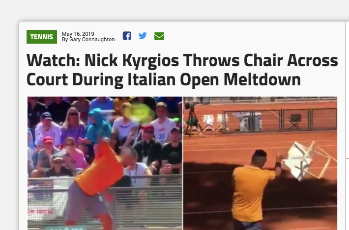 Our quick look at this yellow journalism wouldn't be complete without turning our attention to "THE VOICE OF THE NATION" - Kyrgios - who is held up as being... reasonable? Good? Lest we forget his antics on court, spitting, throwing chairs, insulting refs, "tanking", etc 5/6