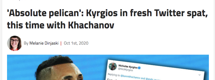 Or THE VOICE's antics off court attacking & bullying colleagues (cf. below). In sum, according to this article, Djokovic who improved life for quarantined players is a "terrorist" & Kyrgios who (to borrow a phrase) acts like "a tool" is the "voice of the nation"  6/6