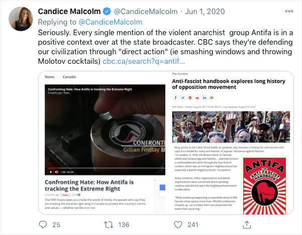 2/ Just so you know... They're the same home-grown terrorist group who are supported by Canadian Mainstream Media like CBC. https://twitter.com/CandiceMalcolm/status/1267507015301070850?s=20