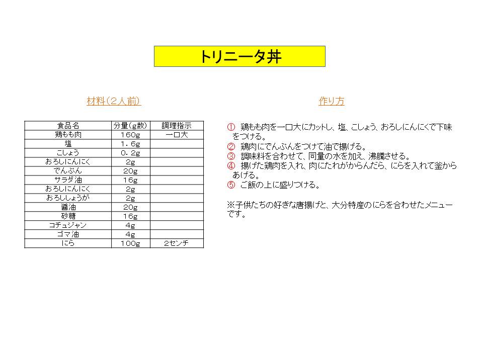 陸上自衛隊別府駐屯地 公式 別府駐屯地隊員食堂レシピ紹介第５弾 今回も管理栄養士 益永さん に御協力を頂き 別府 駐屯地隊員食堂のレシピを紹介します 本日はトリニータ丼です 大分の学校給食でも子供たちに大人気のメニューですので 是非皆さんも