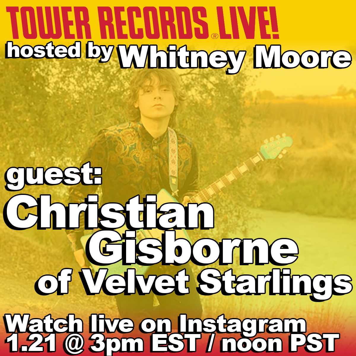 TowerRecords's tweet image. Today on #TowerRecordsLive, catch up with #ChristianGisborne of @VelvetStarlings!  🎸 Tune in on Instagram: #OfficialTowerRecords at 12pm PST / 3pm EST ✨