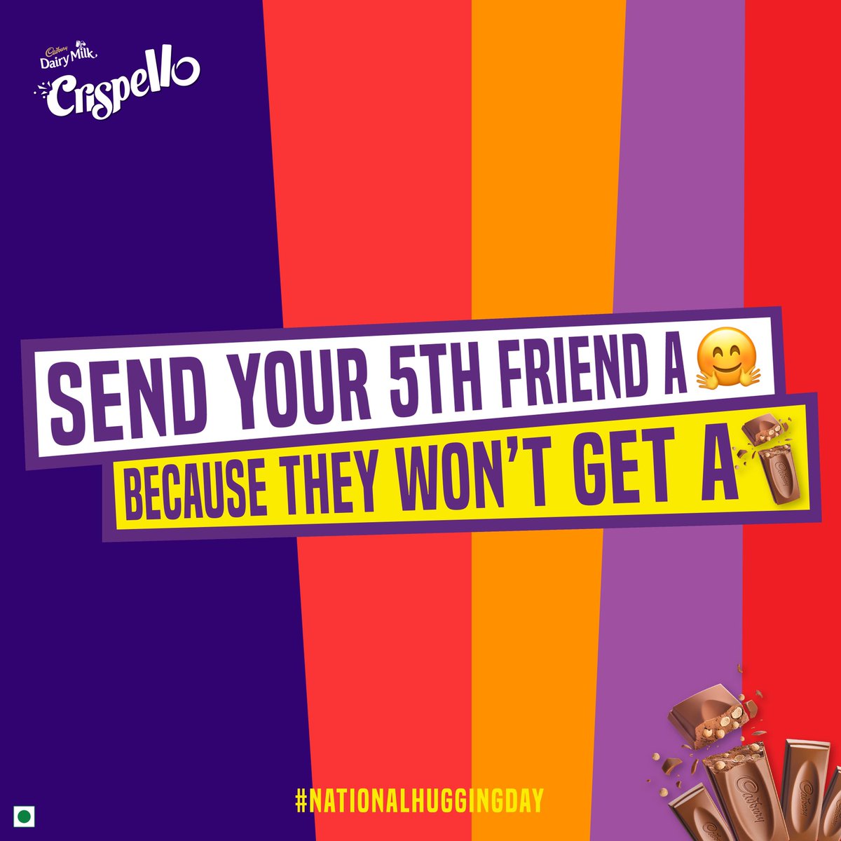 DairyMilkIn's tweet photo. Enjoy a Crispello with your three mains and give your fifth friend the consolation prize of a hug. #NationalHuggingDay #CadburyDairyMilkCrispello #Crispello #CrispelloBreaking #EqualSharing #FourFriends https://t.co/NiAAQwgKU0