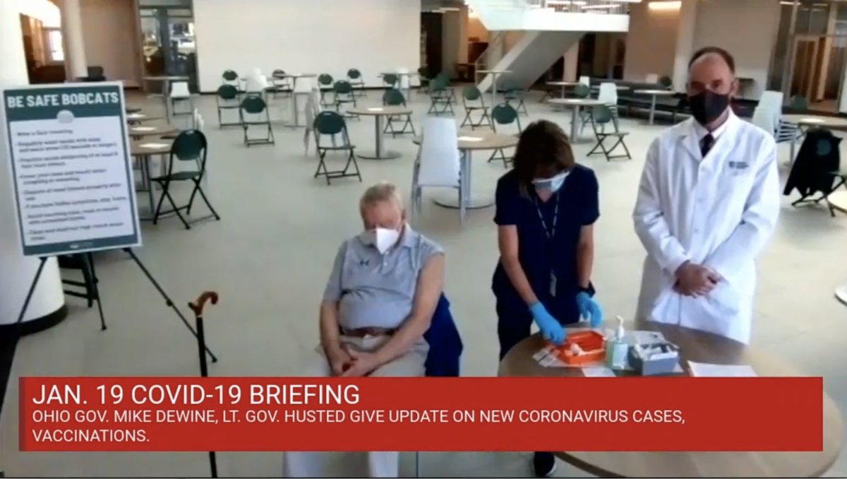 Yesterday, a 104-year-old Athens County man received his #COVID19 vaccine from <a href="/ACCHD_OH/">Athens City-County Health Department</a> in #HeritageHall while connected via videoconference w/<a href="/GovMikeDeWine/">Governor Mike DeWine</a>'s press briefing: youtu.be/h5vEeF0WrkM. A very meaningful activity for our new #MedEd facility! #CareLeadsHere