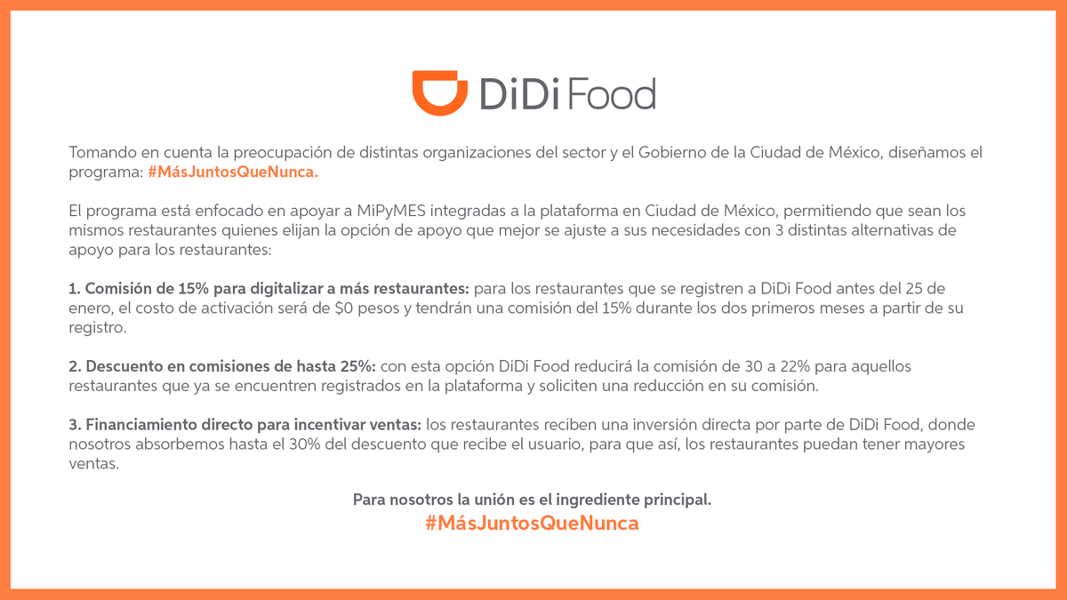<a href="/lumendoz/">Lourdes mendoza</a> <a href="/canirac/">CANIRAC NACIONAL</a> <a href="/RappiMexico/">Rappi México</a> @UberEats_mex Reconocemos la importancia que tiene sumar esfuerzos para lograr que la industria restaurantera salga adelante en estos momentos. El programa #MásJuntosQueNunca está diseñado en dar distintas aternativas de apoyo a los restaurantes. DiDi Food está con la industria restaurantera.