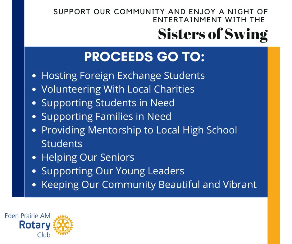 Livestream the Sisters of Swing on Jan 28 at 6:30PM to support our local community and more! 

Dine in at Fat Pants Brewing Co. on Jan 28 and they will donate 10% of proceeds to the EPAM Rotary!
For FREE Delivery on Jan 28, order on Jan 27 at fatpantsbrewing.com
#edenprairie