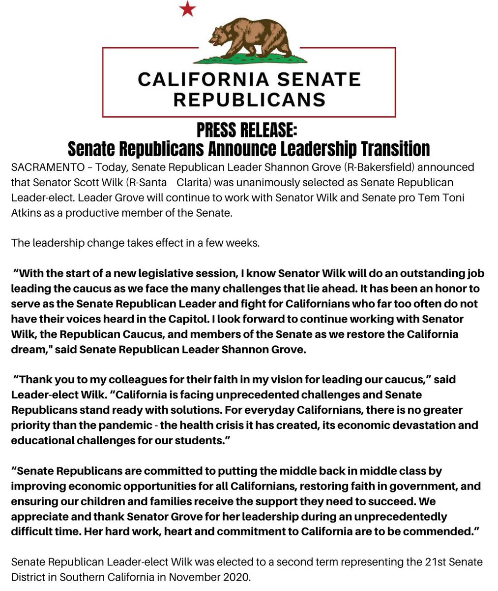 Senator Shannon Grove (@shannongroveca) on Twitter photo ๐๐ซ๐๐ฌ๐ฌ ๐๐๐ฅ๐๐๐ฌ๐: ๐๐๐ง๐๐ญ๐ ๐๐๐ฉ๐ฎ๐๐ฅ๐ข๐๐๐ง๐ฌ ๐๐ง๐ง๐จ๐ฎ๐ง๐๐ ๐๐๐๐๐๐ซ๐ฌ๐ก๐ข๐ฉ ๐๐ซ๐๐ง๐ฌ๐ข๐ญ๐ข๐จ๐ง
It has been an honor to serve as the Senate Republican Leader & fight for Californians who far too often do not have their voices heard in the Capitol. (1/2) ๐๐ซ๐๐ฌ๐ฌ ๐๐๐ฅ๐๐๐ฌ๐: ๐๐๐ง๐๐ญ๐ ๐๐๐ฉ๐ฎ๐๐ฅ๐ข๐๐๐ง๐ฌ ๐๐ง๐ง๐จ๐ฎ๐ง๐๐ ๐๐๐๐๐๐ซ๐ฌ๐ก๐ข๐ฉ ๐๐ซ๐๐ง๐ฌ๐ข๐ญ๐ข๐จ๐ง
It has been an honor to serve as the Senate Republican Leader & fight for Californians who far too often do not have their voices heard in the Capitol. (1/2)