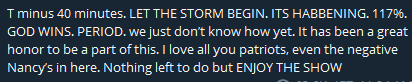 9/ These two posts happened 30 minutes apart right before the inauguration, where the chats went from THE STORM IS HERE EN JOY THE SHOW to Ok lets paus chat and take a breather because of all the doomers in chat