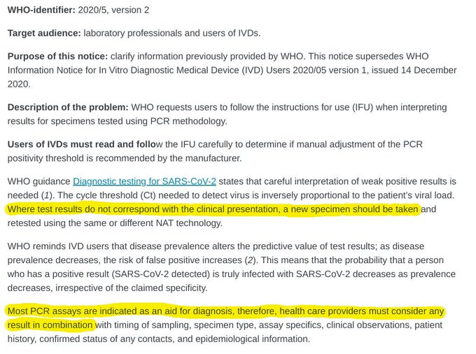 peakpilot's tweet photo. Hey #Canada - See this from the WHO Jan 2021: It is stating that PCR +ve test result no longer = Covid, and that a person IS NOT #COVID19 unless get a 2nd test to confirm AND are presenting w symptoms. https://t.co/0JiPDSL3yv

PCR tests for Covid have been giving FALSE POSITIVES. https://t.co/1ORYxEUzKr