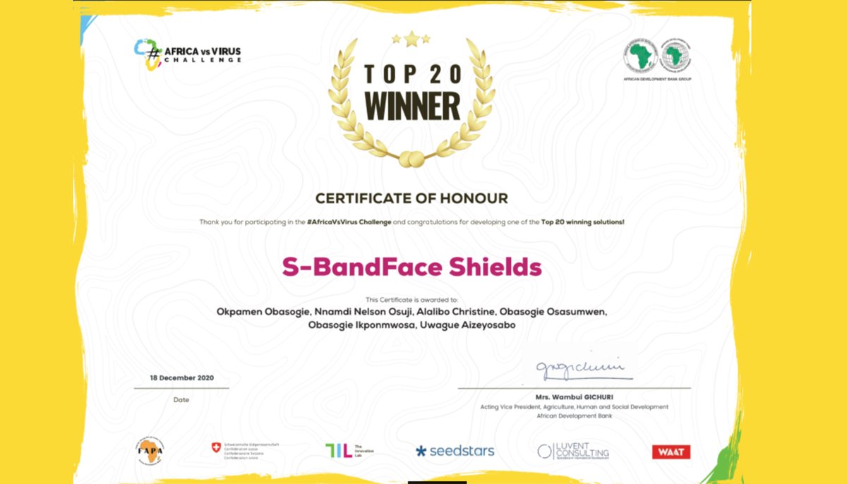 SBand13's tweet photo. We are so exited to receive our team certificate from @AfDB_Group  and @AfricaVsVirus and honored to make the TOP 20 winners of the  Africa Vs Virus Challenge 2020.
#Corona #AvV #africavsvirus #COVID19 #COVID https://t.co/VHKpT18rHG