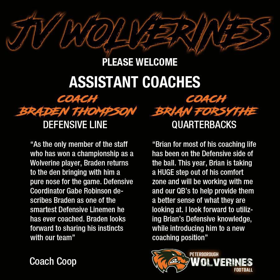 Coop6050's tweet photo. Happy to have all this support for our players. Adding 2 more to the family! Please welcome Coach Braden Thompson and Coach Brian Forsythe. #weknowfootball #clawsup @PboroWolverines https://t.co/53vKBalMfX
