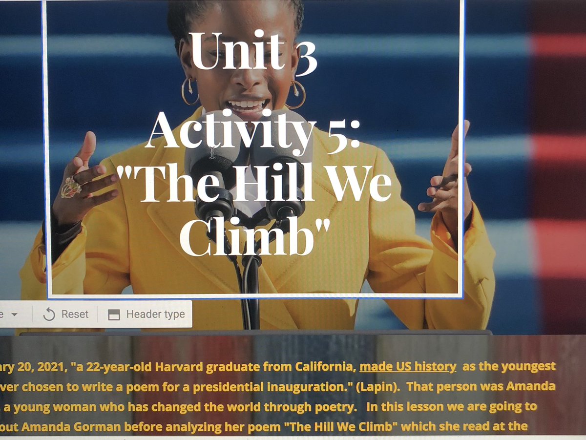 BeierHms's tweet image. Love working for a district that supported the middle school LA teachers in creating digital textbooks.  Today @AmyFryHMS and I collaborated, after listening to Amanda Gorman’s “The Hill We Climb”, and have added it to our textbook💙🇺🇸! #tellingourstory @FTHighlandsMS @FTSchools