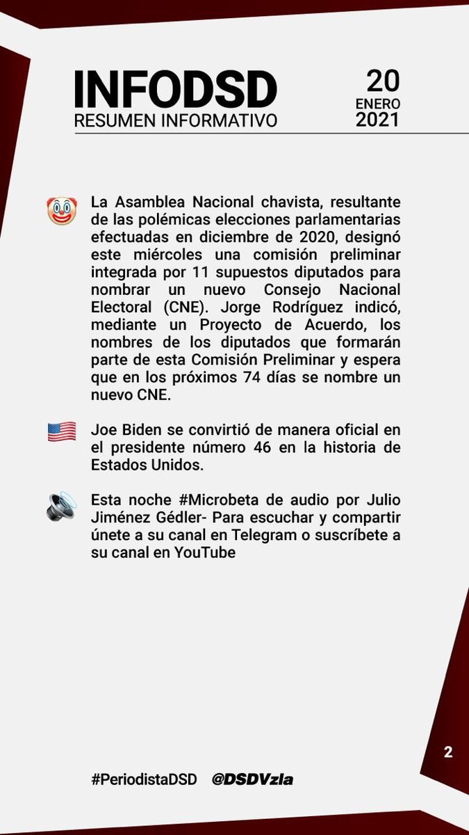 PeriodistaDSD's tweet photo. #20Ene  Comparte en tus chats e historias de redes sociales nuestro Resumen Informativo #InfoDSD

Información precisa y veraz 🇻🇪🗞

#Microbeta de audio https://t.co/fUSDMjCXSA https://t.co/gqT1cDtxs0