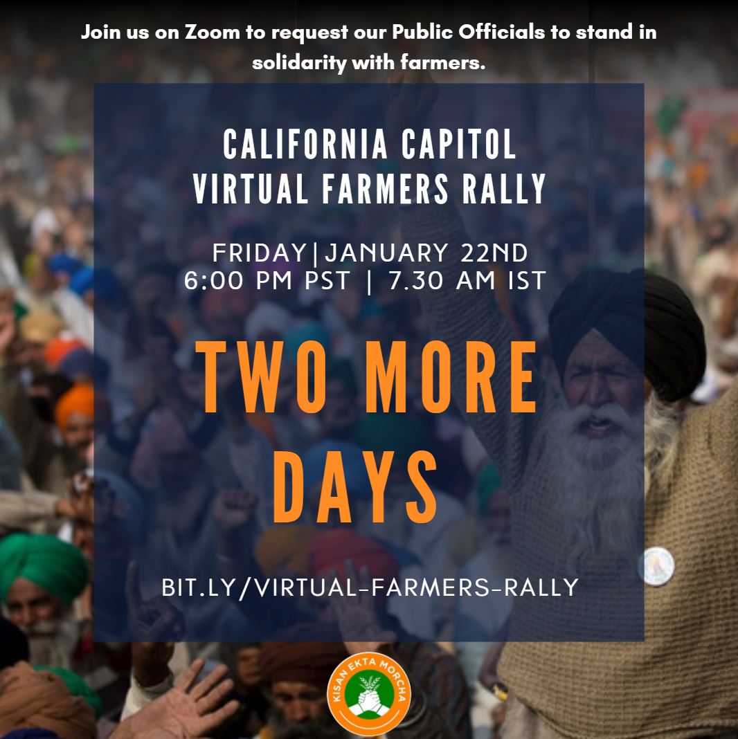 WithOurFarmers's tweet photo. Just 2 more days to go !!!

WATCH or JOIN
WATCH on Facebook Event page : https://t.co/rj1yid8mRg
JOIN Register for the Zoom webinar : https://t.co/6vpfYbyxA4

#IStandWithFarmers #farmersrprotest https://t.co/Yk1zx9C1tH