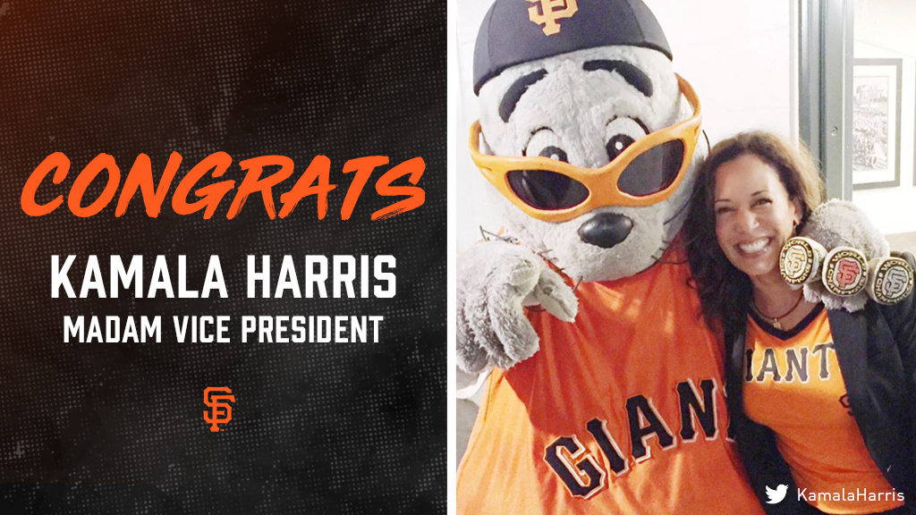 Bay Area born and raised.
#SFGiants fan. 
San Francisco public servant. 
Trailblazer. 
Madam Vice President of the United States. 
 
We tip our caps to you, <a href="/KamalaHarris/">Kamala Harris</a>.