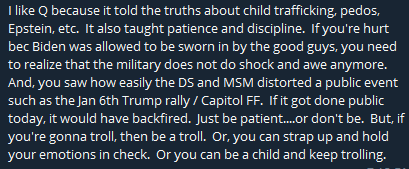 18/ The rank and file QAnon adherents were a mixed bag of emotions. This user explains why he likes Q: he revealed the truth about pedos, taught them patience and discipline. This user is willing to wait and see what happens and not give up just when things get hard.