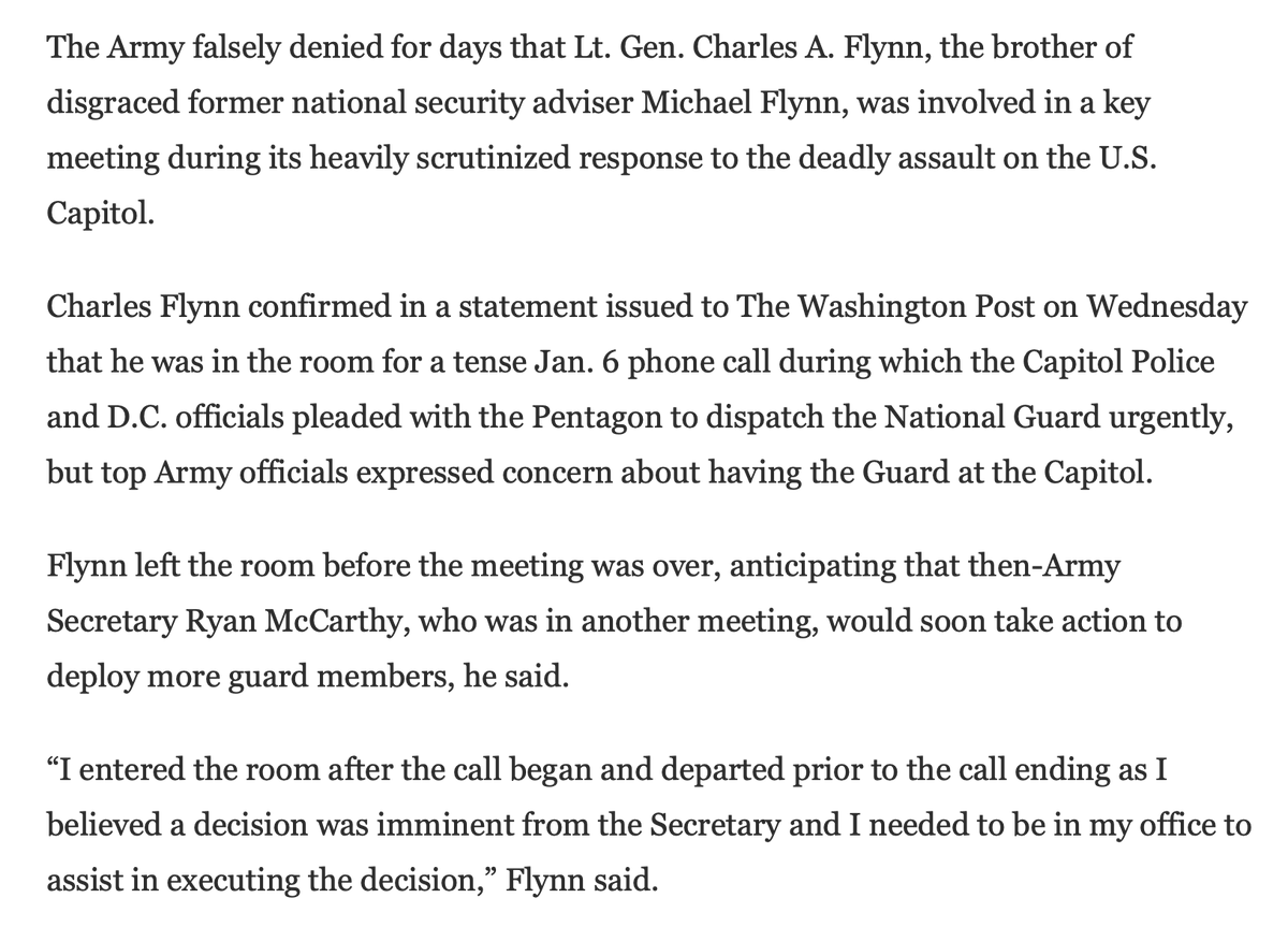 Why was there no authorization for the National Guard? Between Lt. Gen. Charles Flynn and SecArmy McCarthy...they apparently just left our Capitol defenseless FROM AN ATTACK MIKE FLYNN WAS PART OF.