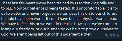 19/ this same sentiment is echoed by another user. Anons are having their patience te4sted, it is about their resilience and the fact they avoided a physical war. Now is a time to prove themselves to God. (not Q or Trump... how quickly this turns into Christian fervor)