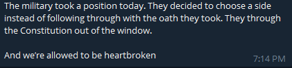 22/ Others are just pissed and contemplating violence. Though this is very likely shitposting there is always a risk when there are calls to buy arms, when anger is directed at the military whom QAnon had blind faith in.