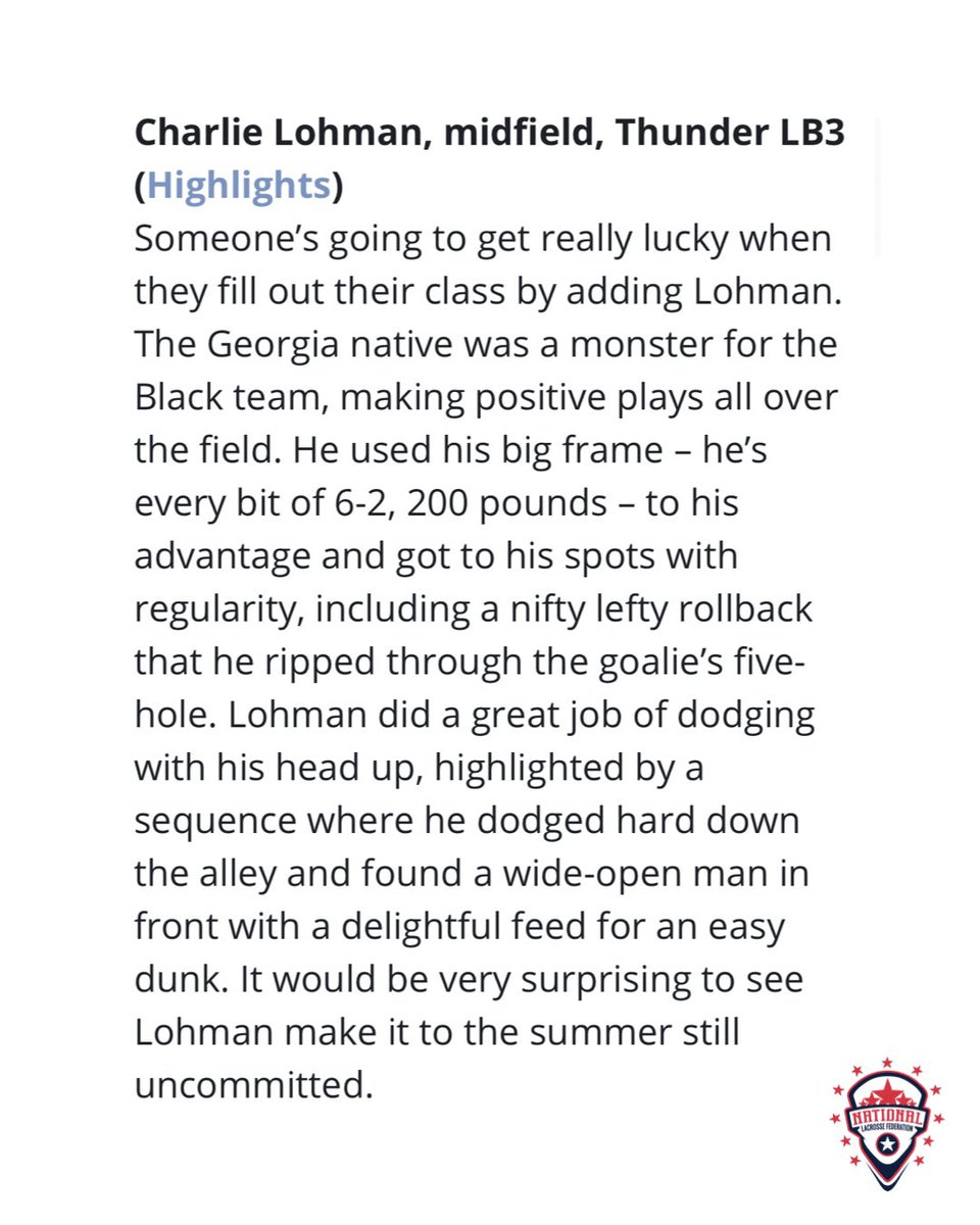 thunderlacrosse's tweet photo. 2022 @CharlieLoh32 had a monster performance at the @natlaxfed Futures All-Star Game ⭐️ https://t.co/6UQo8TITmG