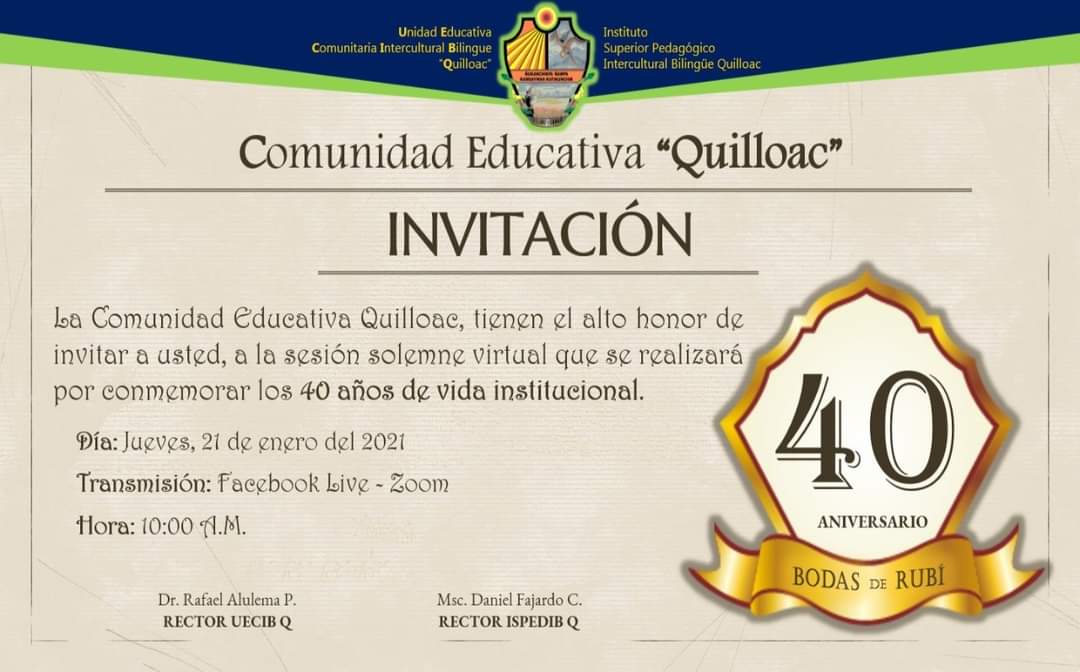 Cordialmente invitados a fortalecer la educación intercultural bilingüe <a href="/EducacionZ6_Ec/">Educación Zona 6</a> <a href="/RadioIngapirca/">Radio Ingapirca</a> <a href="/agustinalbanm/">Agustín Albán</a> <a href="/aldomaino/">Aldo Maino</a> <a href="/AntunRomulo/">Domingo Rómulo Antun</a> <a href="/AzuayPrefectura/">Prefectura del Azuay</a> <a href="/yakuperezg/">Yaku Pérez Guartambel</a> <a href="/CONAIE_Ecuador/">CONAIE</a> @ecuachaskiecua <a href="/laurosigcha/">Arariwa Sigcha</a> <a href="/elmercurioec/">Diario El Mercurio</a> <a href="/tomebamba/">La Voz del Tomebamba</a> <a href="/eltiempocuenca/">Diario EL TIEMPO</a> <a href="/el_telegrafo/">El Telégrafo Ecuador</a>