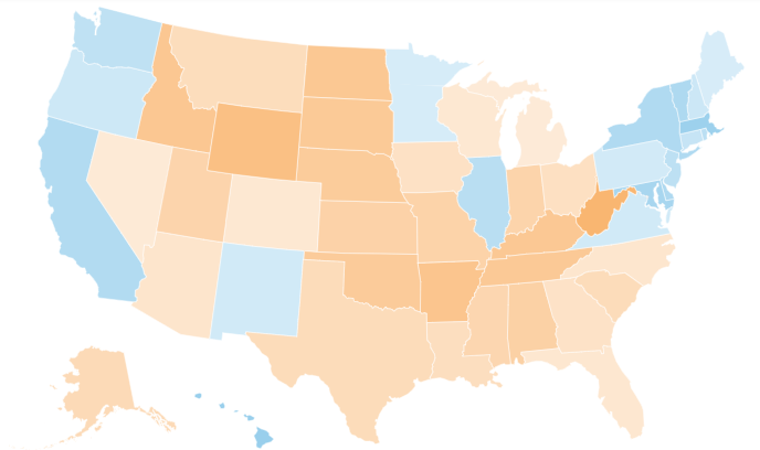 Here are Joe Biden's approval ratings mapped out across all 50 states. Blue is approve, orange is disapprove. Nationwide, his approval rating is 47%, and his disapproval rating is 48%, a 1 point deficit per  @Civiqs. (More info in thread)