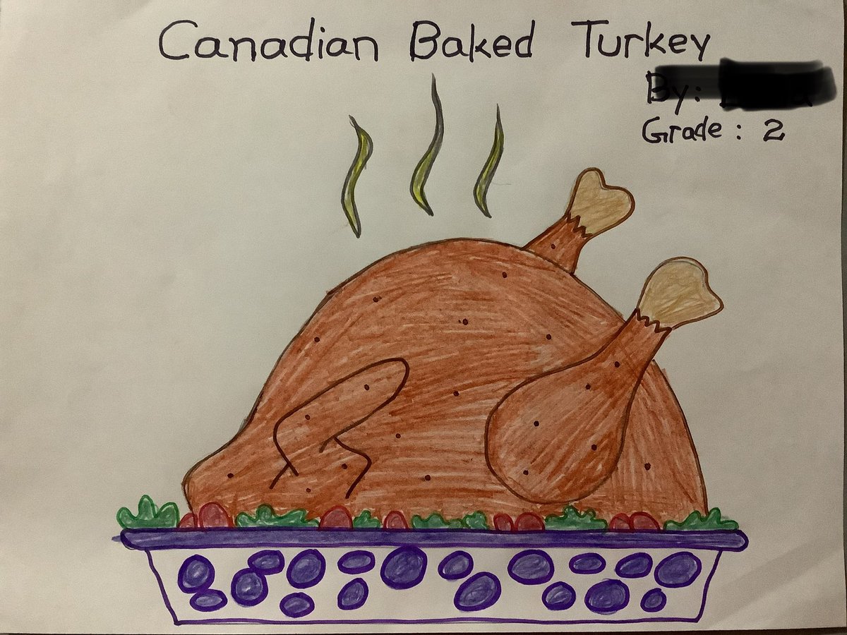 MelissaCaputo2's tweet photo. #AGOschools art lesson today was a fun one!! S’s were asked to draw a food that reminds them of Canada. Baked Turkey reminds L of Canada @CliftonPS https://t.co/sdEoWiVxQb
