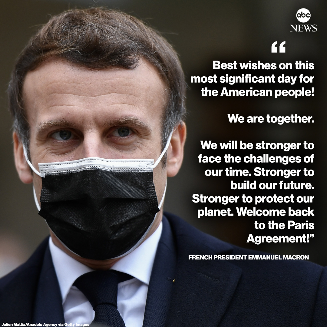 ABC's tweet photo. French President Emmanuel Macron welcomed the U.S. back into the Paris Climate Agreement as he sent congratulations to both Vice President Harris and President Biden on what he called a “most significant day for the American people.” https://t.co/muWoAOgA5p https://t.co/q7LX8eBe8f