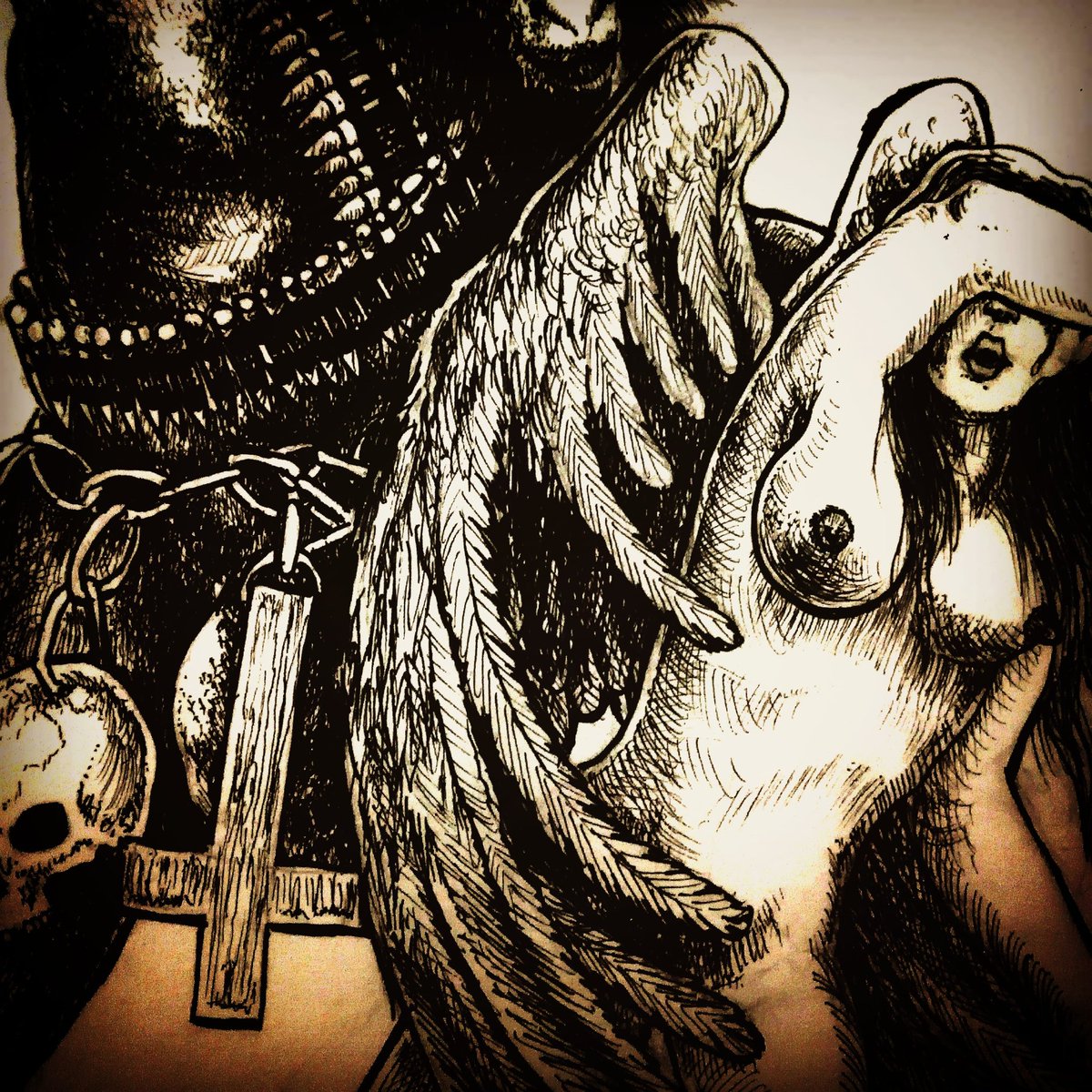 ATAOFTN's tweet photo. Details from the new artwork (Available)
#wip #workinprogress #deatils #detailed #linework #artwork #illustration #illustrationartists #warmetal #warbestialmetal #goatmetal #bestialmetal #blackdeath #blasphemy #darkart #macabreart #metalart #illustrate #fallenangelofdoom #inkart https://t.co/HNC9pIIwJU