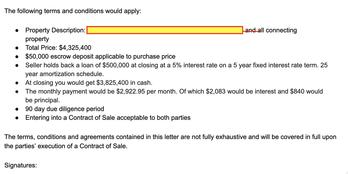 Here's a picture of my Letter of Intent.It's a 5 year term, meaning the rate is locked for 5 years. After that the rate goes up to 7%.If I ever refinance, which I plan to do at 18 months, I have to clear his loan and pay it off.