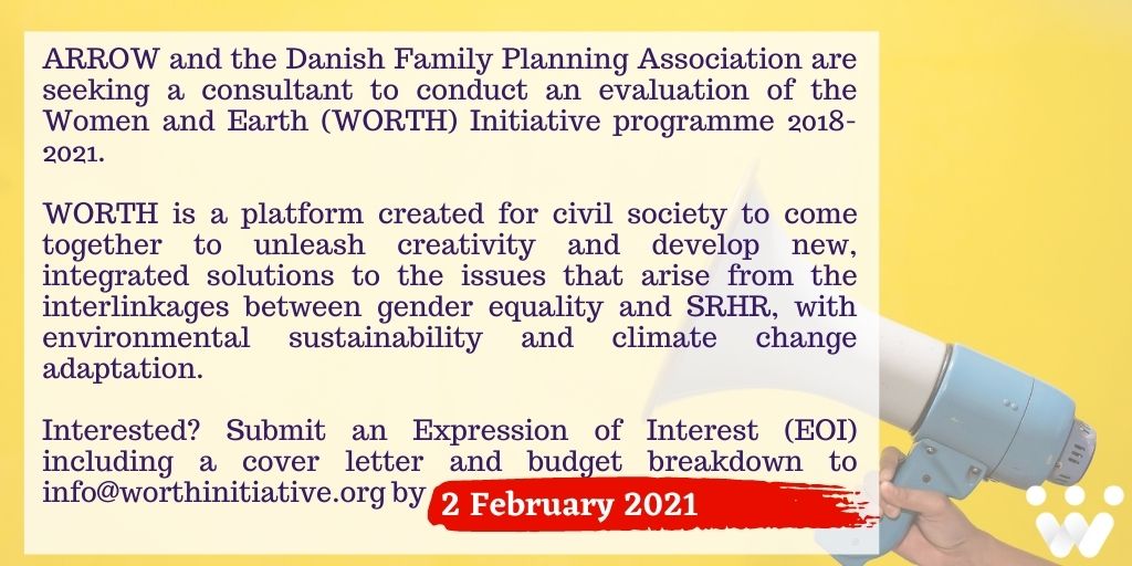 📢📢 Deadline extended to 2 Feb 2021 @ARROW_Women & @SexogSamfund are seeking a consultant to conduct an evaluation of the @WorthInitiative programme 2018-2021. Full details: ow.ly/E1Dd50De4Yh……/ Submit an Expression of Interest (EOI) to info@worthinitiative.org!