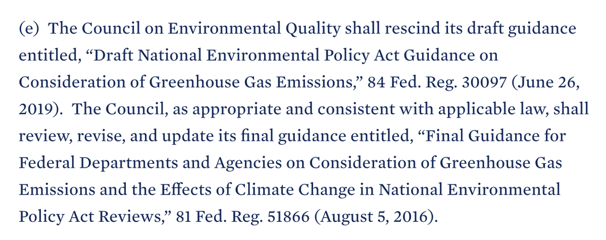 Also if I'm reading this part right, Biden is bringing back the Obama administration's 2016 guidance directing federal agencies to explicitly quantify climate impacts when they do their environmental reviews under NEPA. (That 2016 policy is here:  https://obamawhitehouse.archives.gov/the-press-office/2016/08/02/fact-sheet-white-house-council-environmental-quality-releases-final)