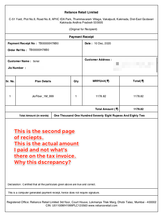 vjaiswal's tweet photo. It's clear @reliancejio is evading tax by removing certain items from the tax invoice and therefore no one in the company is willing to explain the invoice to me clearly.

I get it, the math is attractive: Rs. 160.46 * 10,00,000 subscribers = Rs. 16,04,60,000 of tax free money!🤑 https://t.co/vXPEvzeOBH