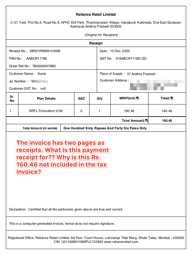 vjaiswal's tweet photo. It's clear @reliancejio is evading tax by removing certain items from the tax invoice and therefore no one in the company is willing to explain the invoice to me clearly.

I get it, the math is attractive: Rs. 160.46 * 10,00,000 subscribers = Rs. 16,04,60,000 of tax free money!🤑 https://t.co/vXPEvzeOBH
