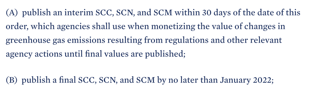 Hmm. The White House wants an "interim" estimate of the social cost of carbon (and methane and N2O) in the next 30 days. Which might mean doing the quick updates Carlton/Greenstone suggest here:  https://bfi.uchicago.edu/working-paper/2021-04/ Then the White House wants a more detailed estimate by 2022.