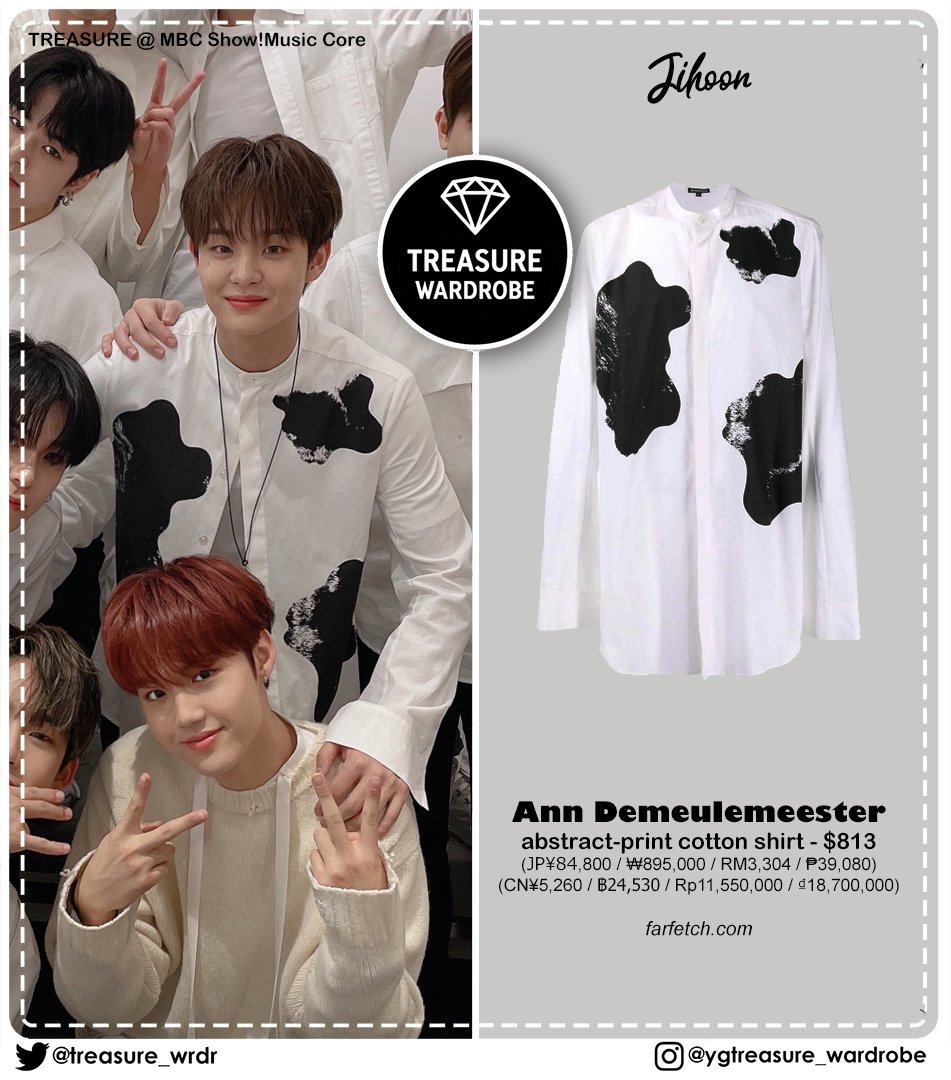 #TREASURE  #HARUTO #ASAHI #JUNKYU #JIHOON wearing #AnnDemeulemeester 
Ruto: loose band collar shirt $730
feather pendant necklace $156
Sahi: White Misplaced Button Down Shirt $575
Junkyu: FAUNE PRINT COTTON LONG SHIRT - $610
Jihoon: abstract-print cotton shirt - $813