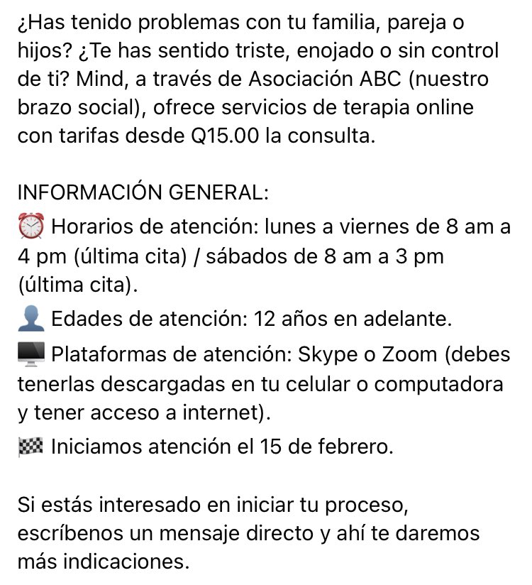 somosmindgt's tweet photo. Asociación ABC, brazo social de Mind, ofrece servicios de terapia online con tarifas desde Q15.00 la consulta. 

Si estás interesado, escríbenos un mensaje directo y ahí te daremos más indicaciones.

#somosmind #mindespecializadosenti #asociacionabc #tarifasocial #apoyosocial https://t.co/37sytChvms