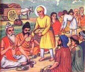 11. An anecdote from the life of the first Guru: Nanak Patshah’s father was a Khatri by birth but a Patwari by profession. Rai Bular Bhatti is shown here attempting to prevent him from striking his son for distributing the money he gave him to feed the hungry Sadhus instead...