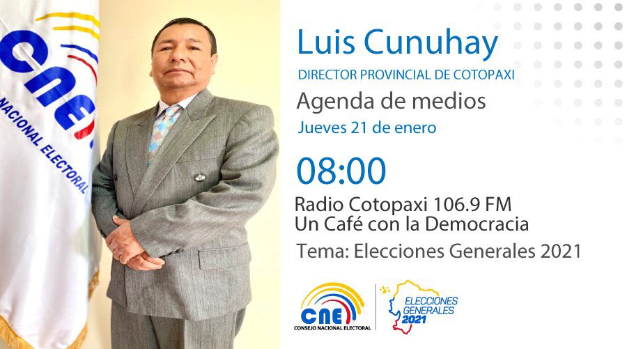 CNE_Cotopaxi's tweet photo. ENTREVISTA | Luis Cunuhay, director de la Delegación Provincial Electoral, mantendrá un diálogo por @RadioCotopaxi, abordará el avance progresivo del Calendario Electoral.
#Elecciones2021Ec 🗳🙋🏻‍♀️🙋🏻‍♂️ https://t.co/SfHlnckmec