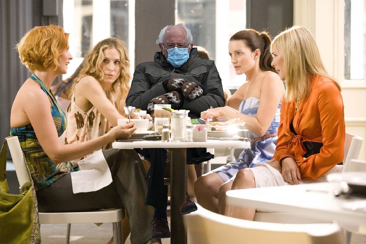 berniewarmhands's tweet photo. bernie having brunch with the gals #berniesmittens #sexandthecity #Inauguration https://t.co/r1Jogw4mop