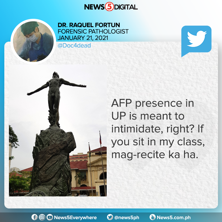News5PH's tweet photo. "MAG-RECITE KA HA"

Ito ang pabirong banat ng forensic pathologist at professor sa UP Manila na si Dr. Raquel Fortun sa pagkansela ng Department of National Defense sa
UP-DND accord. https://t.co/Xd3lh6BIdm