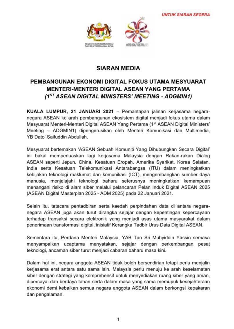 Kkmm On Twitter Siaran Media Pembangunan Ekonomi Digital Fokus Utama Mesyuarat Menteri Menteri Digital Asean Yang Pertama 1st Asean Digital Ministers Meeting Adgmin1 21 Januari 2021 Dikeluarkan Oleh Kementerian Komunikasi Dan Multimedia