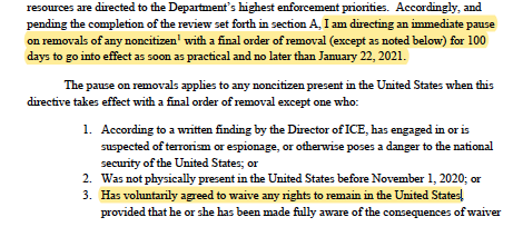 The deportation moratorium starts in two days, January 22. But it has exceptions. The one the worries me most: If the person "voluntarily" agrees to deportation. That's a big problem; people are pressured by ICE agents to agree to their own deportations. 2/x