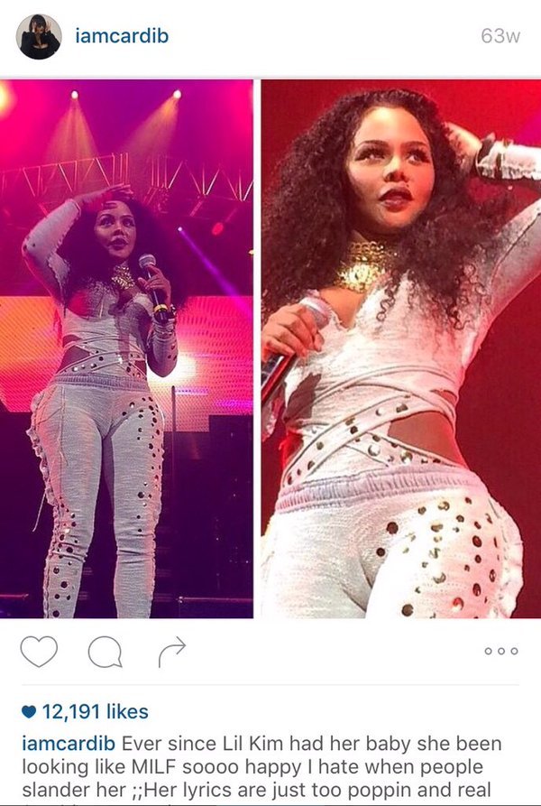 Nessa publicação antiga a Cardi fala sobre a felicidade da Kim "desde que Lil Kim teve seu bebê, ela parece tão feliz que odeio quando as pessoas a caluniam ,as letras dela são muito estouradas e reais"