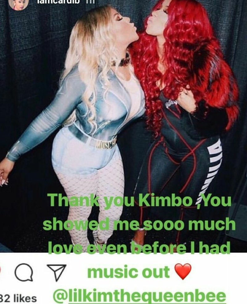 Cardi B : Obrigado Kimbo. Você sempre demonstrou muito amor por mim mesmo antes de eu lançar música. Te amo Lil kim