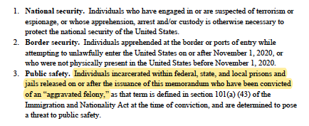 With the memo, it appears that Pres. Biden was serious about this commitment, and may even be exceeding it. It indicates that Biden (after the 100 days) will deport recent arrivals, national security threats, and people with aggravated felonies. 5/x