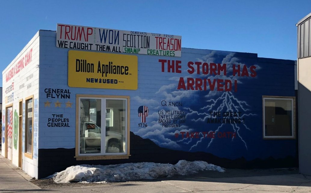 Henry "Hank" Muntzer from Dillon Montana owns Dillon Appliances, which is known for a QAnon mural on the walls of his business. The walls read 1776, Trust the Plan WWG1WGA, Deep State Cabal, Mind Control Device -> Sheep No More.  https://nbcmontana.com/news/local/police-arrest-dillon-businessman-for-dc-riot-role