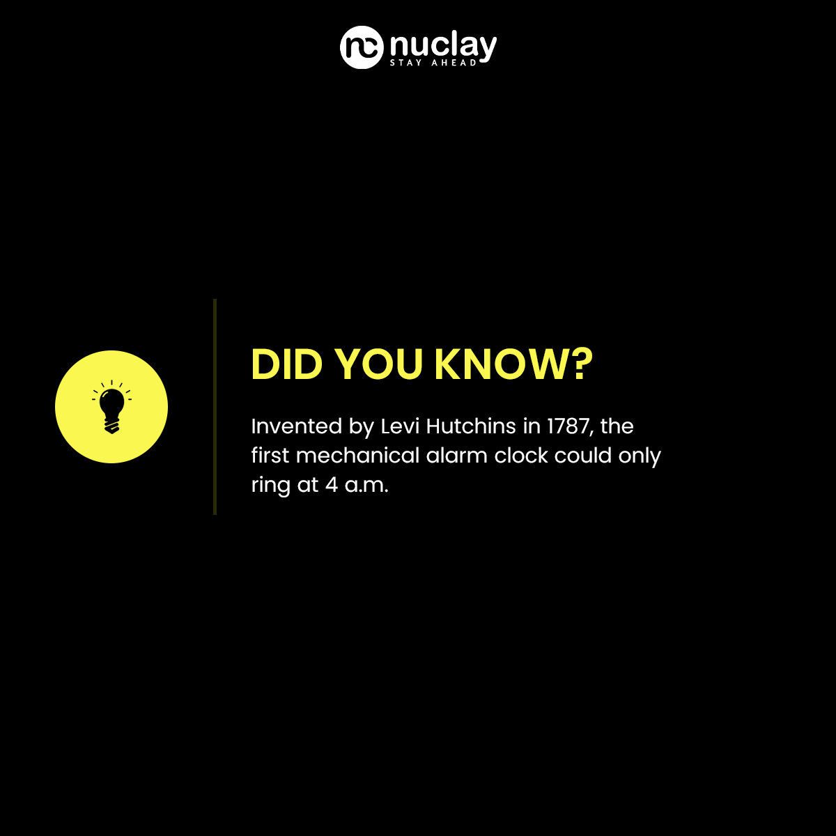 NuclaySolutions's tweet photo. The world had to wait until 1876 to own and use a wind-up alarm clock that could be set for any time.
#facts #FactsMatter #nuclay https://t.co/NIuxzufBwE