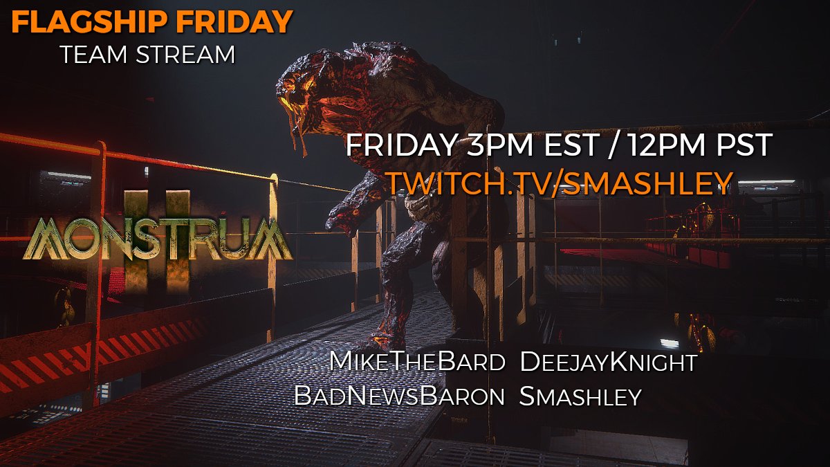 TheFlagshipTV's tweet photo. Flagship Friday returns TOMORROW! We're playing @MonstrumGame thanks to #FreeCodesFromDevs One monster against several prisoners. Who gets out alive? Find out as

@SmashleyTwitch 
@MikeTheBard 
@badnewsbaron 
@DeejayKnight 

ruthlessly try to murder each other with chat's help! https://t.co/KzzdJruS9n
