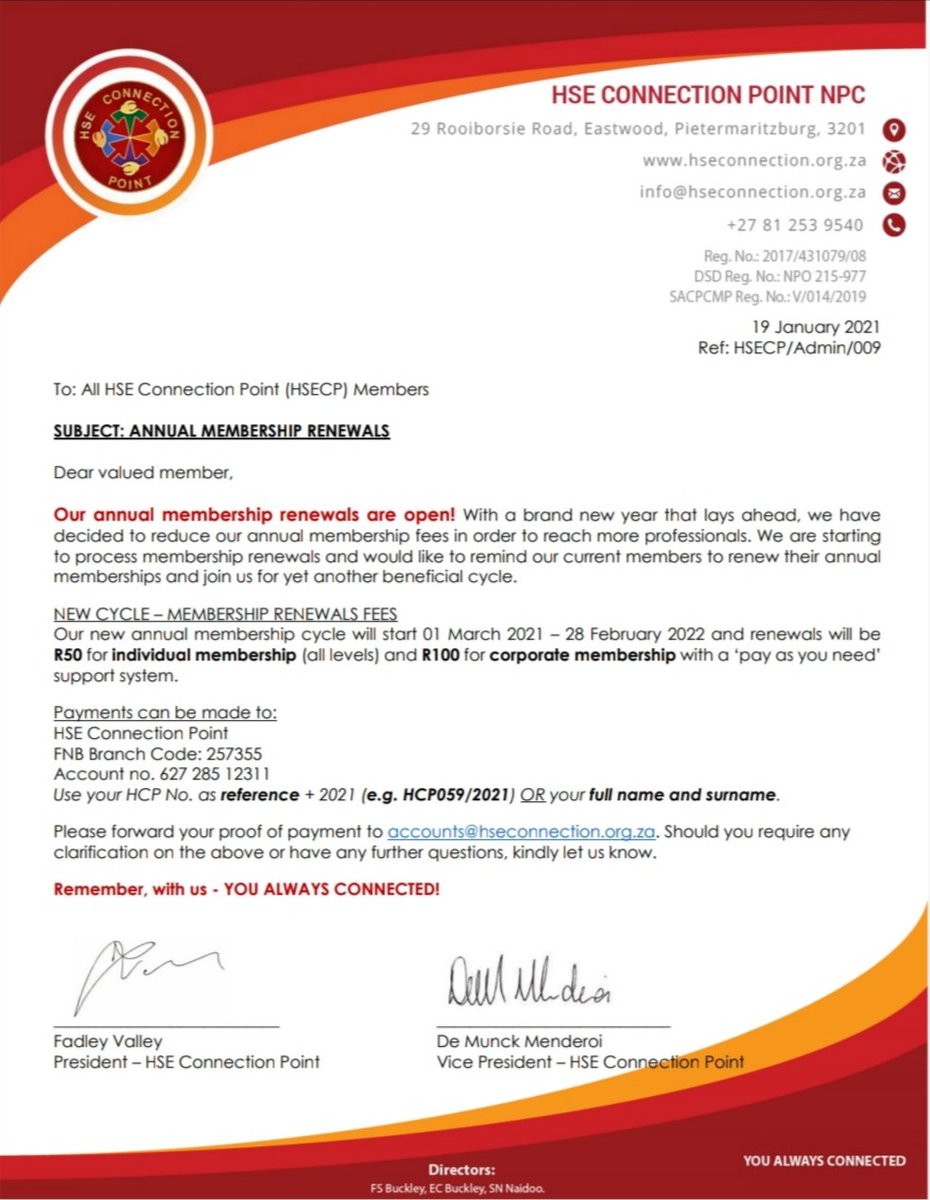HSE Connection Point Management have drastically reduced our membership fees as our intention was never to make money from our members, but to help our members grow and progress as much as we can. Join today R50 for members and R100 for Corporates